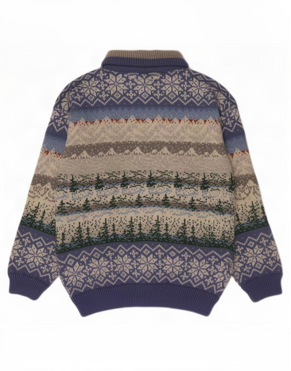 vintage Mens Zip Neck Jumper Pull Moyen Multicolore Fair Isle