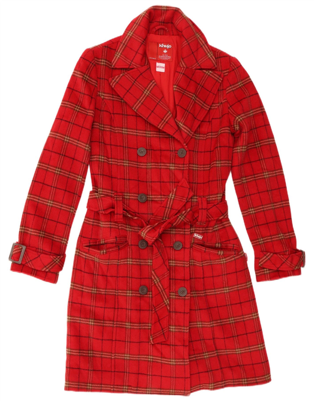KHUJO Manteau croisé pour femme UK 12 Laine à carreaux rouge moyen