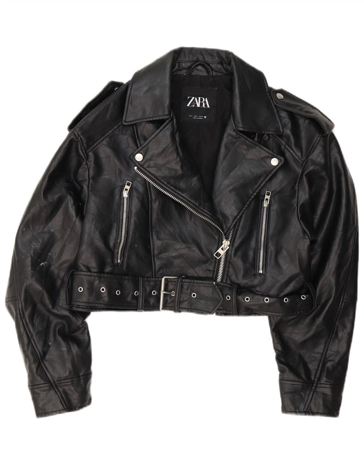 Zara Veste de motard surdimensionnée en simili cuir pour femme UK 10 Small Noir
