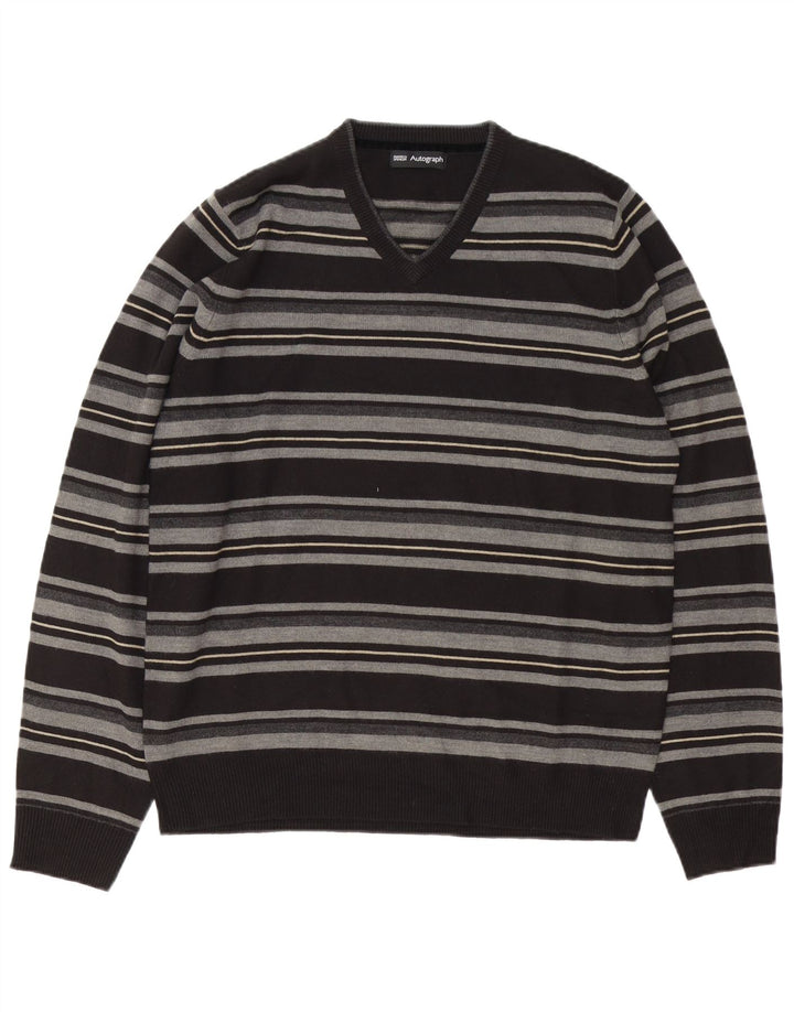 Marks & Spencer Pull à col en V Autograph Homme Rayé Noir Moyen