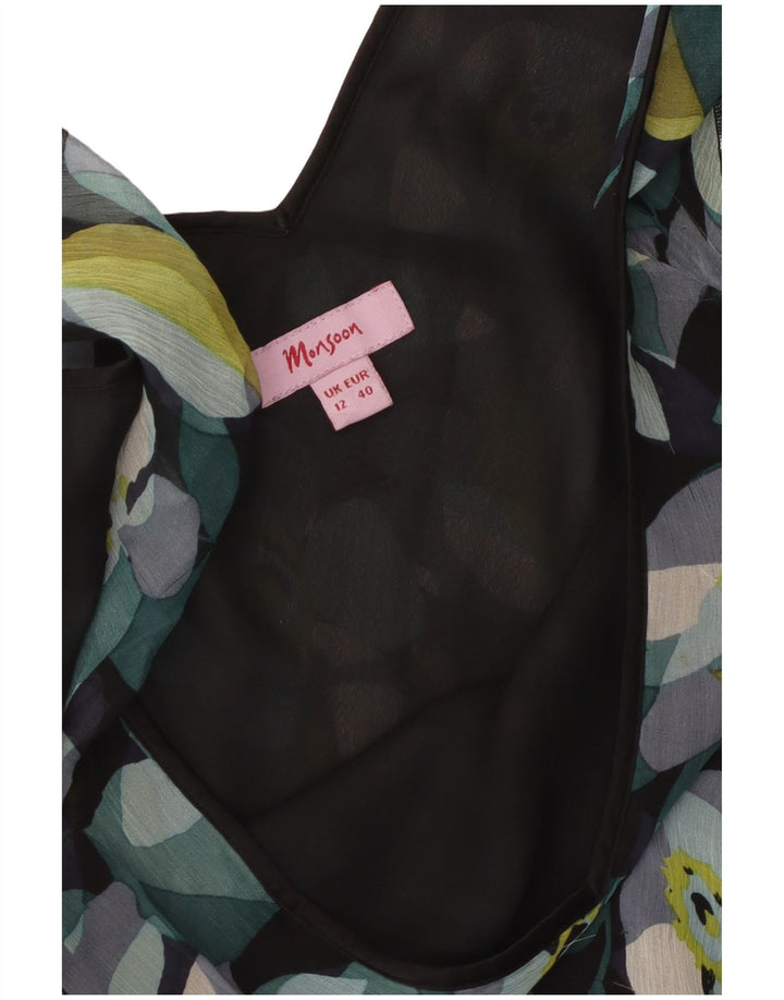 Monsoon Robe d'été pour femme UK 42 en soie florale noire moyenne