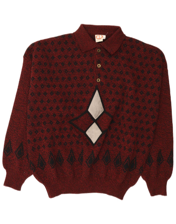 vintage Mens Polo Neck Jumper Pull IT 54 XL Bourgogne Argyle/Diamond Wool
