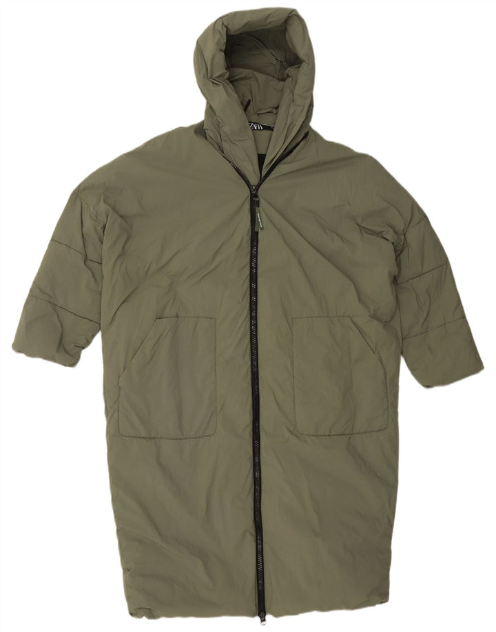 Zara Manteau matelassé surdimensionné à capuche pour femme UK 10 Small Green Polyamide