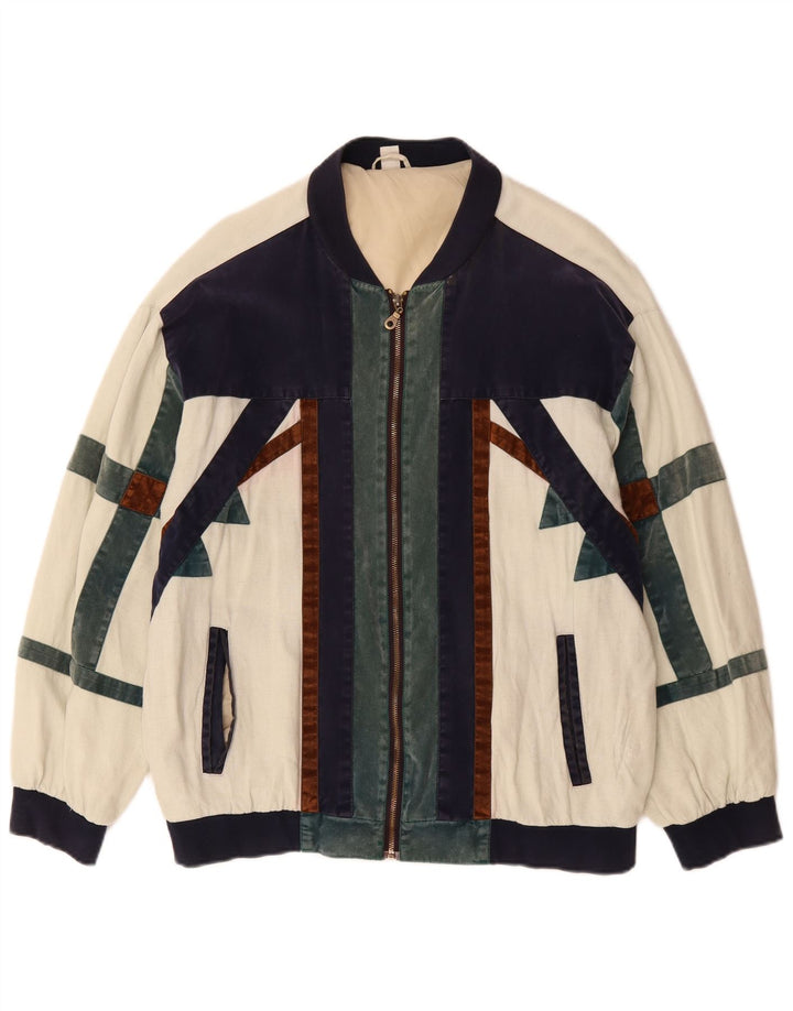 VINTAGE Veste bomber coupe ample pour homme UK 36 Petit colorblock blanc cassé