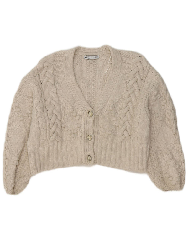 Zara Womens Crop Oversize Cardigan Pull UK 14 Moyen Blanc Acrylique