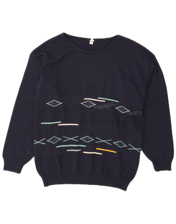 vintage Mens Boat Neck Jumper Pull Moyen Bleu Marine Géométrique Coton