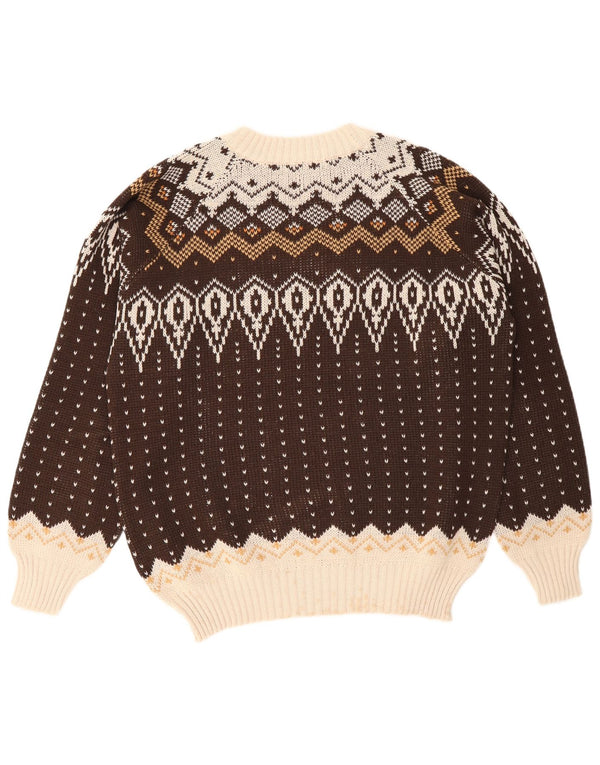 vintage Mens Crew Neck Jumper Pull Grand Marron Fair Isle