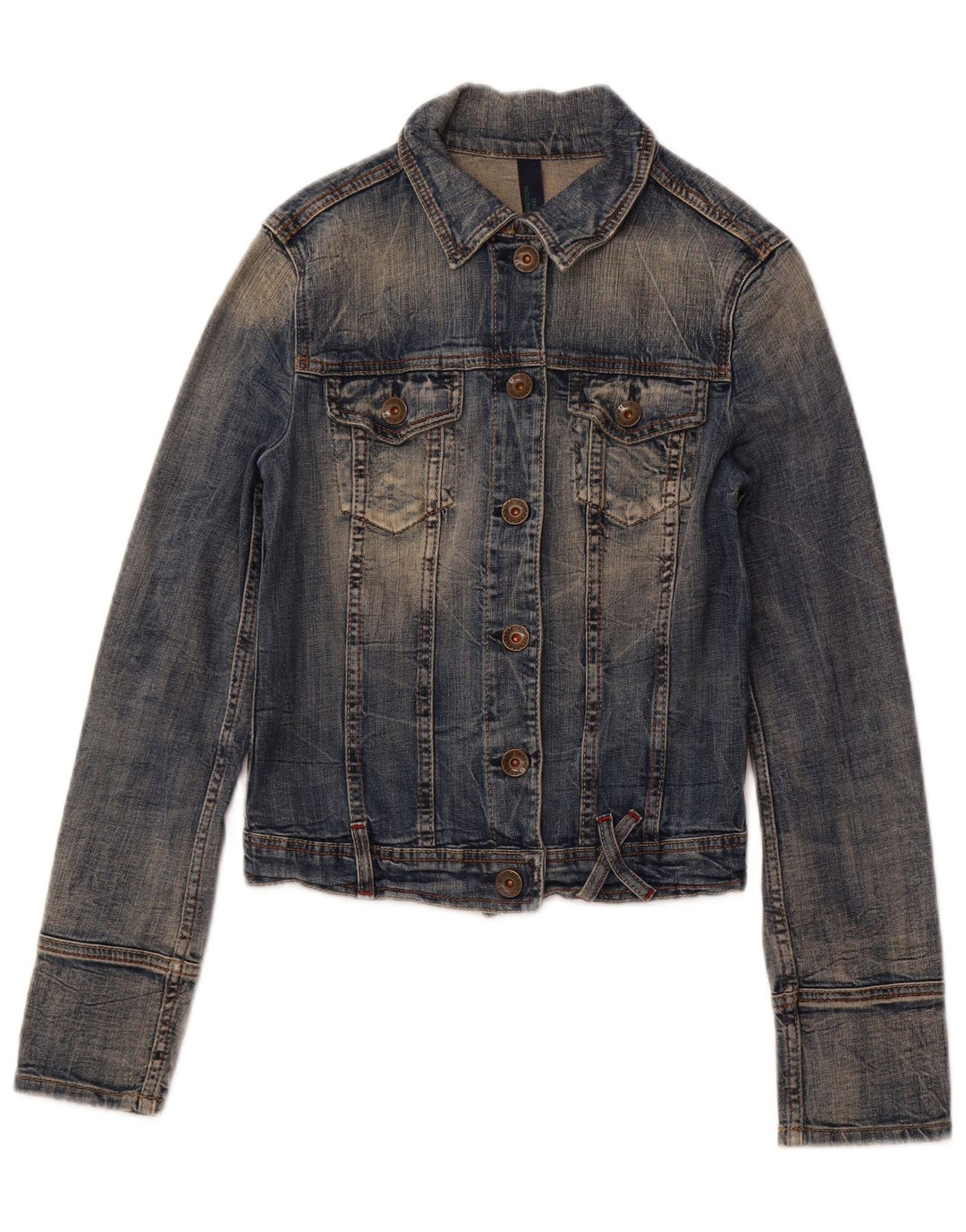 BENETTON Veste en jean courte pour femme UK 10 Petit coton bleu