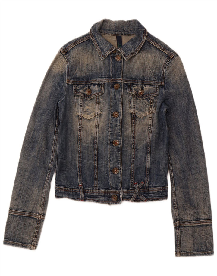 BENETTON Veste en jean courte pour femme UK 10 Petit coton bleu