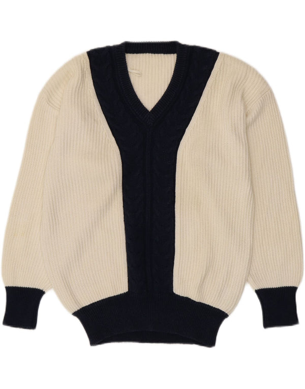 VINTAGE Pull col en V pour femme UK 16 Grand colorblock blanc