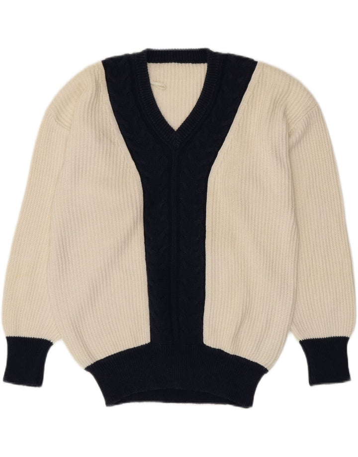 VINTAGE Pull col en V pour femme UK 16 Grand colorblock blanc