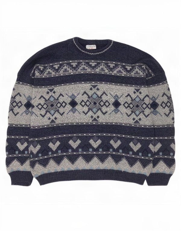 vintage Mens Crew Neck Jumper Pull UK 42/44 Grand Bleu Marine Fair Isle
