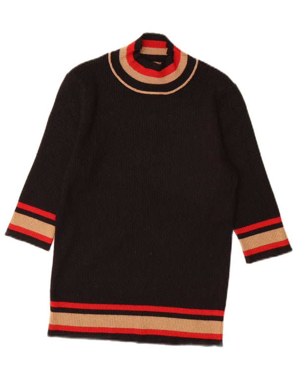 vintage Womens Turtle Neck Jumper Pull UK 10 Petit Colorblock Noir