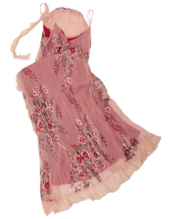 Monsoon Robe longue sans manches pour femme UK 44 Grande soie florale rose