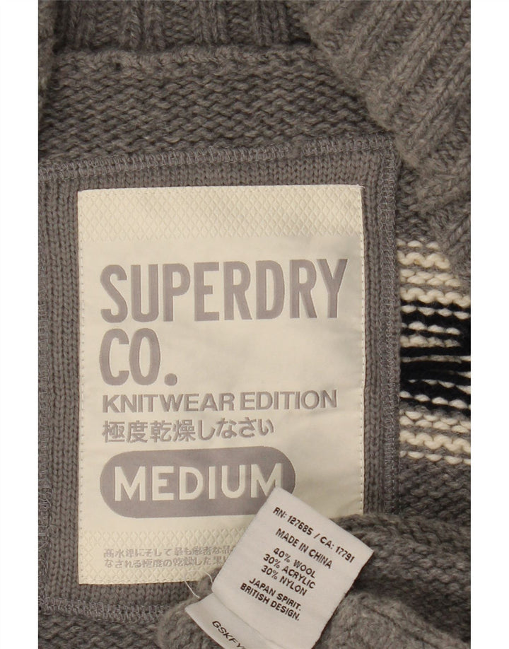 Superdry Femme Cardigan Pull UK 14 Moyen Gris Géométrique Laine