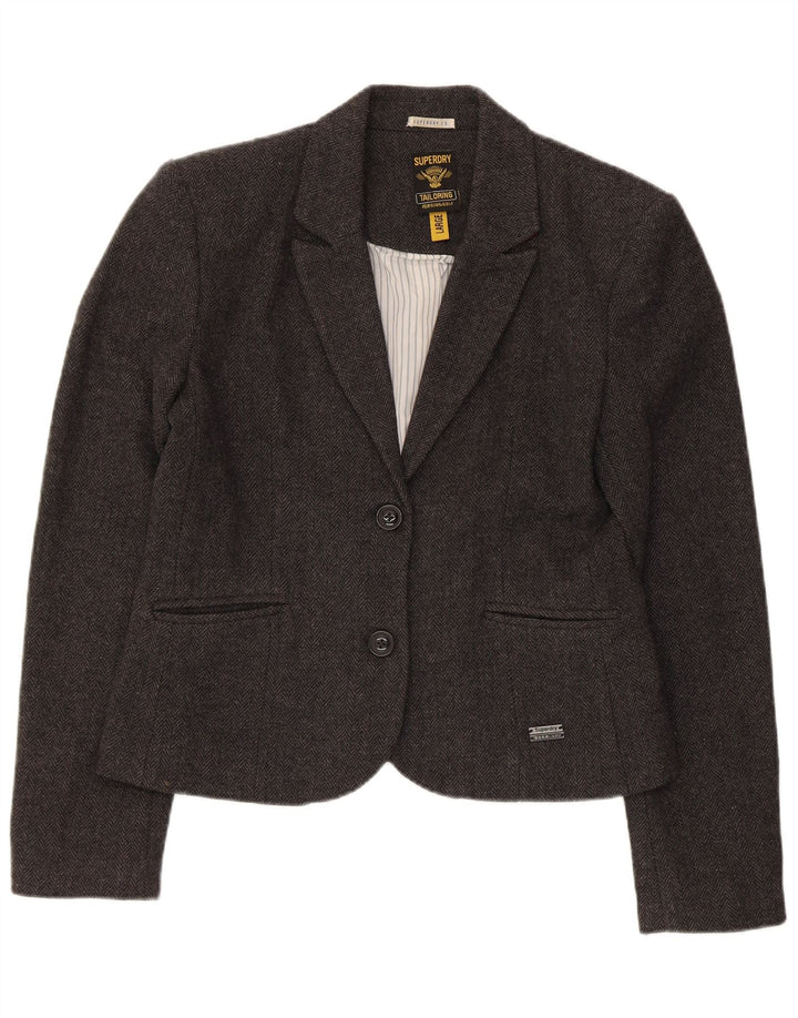 Superdry Veste Blazer 2 Boutons Femme UK 14 Grande Laine à Chevrons Gris