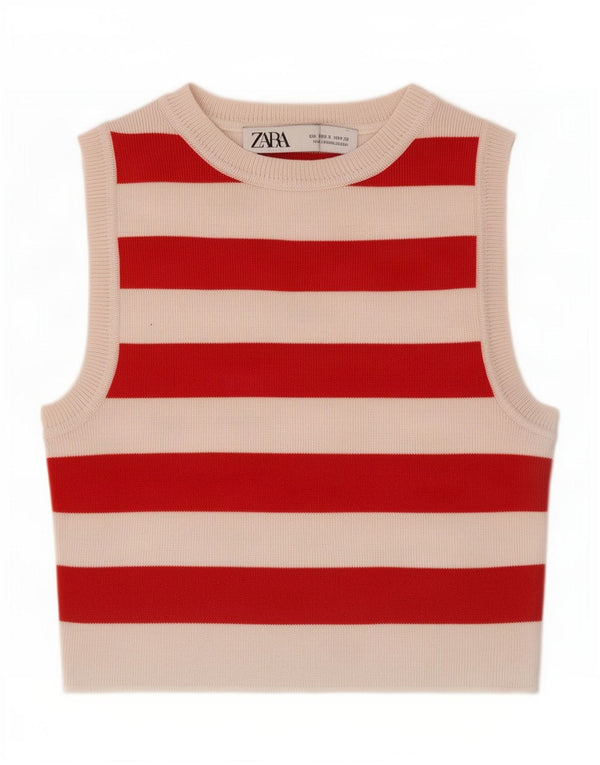 Zara Womens Crop Vest Top UK 8 Petit Rouge Rayé