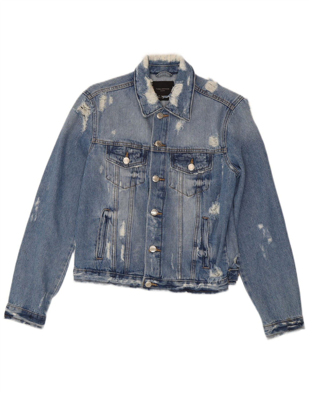 Zara Womens Crop Distressed Denim Jacket UK 12 Bleu Moyen Coton
