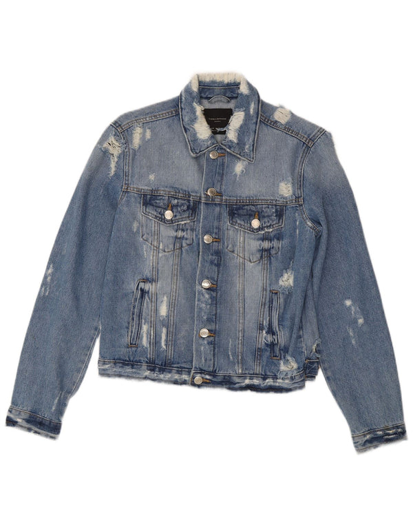 Zara Womens Crop Distressed Denim Jacket UK 12 Bleu Moyen Coton