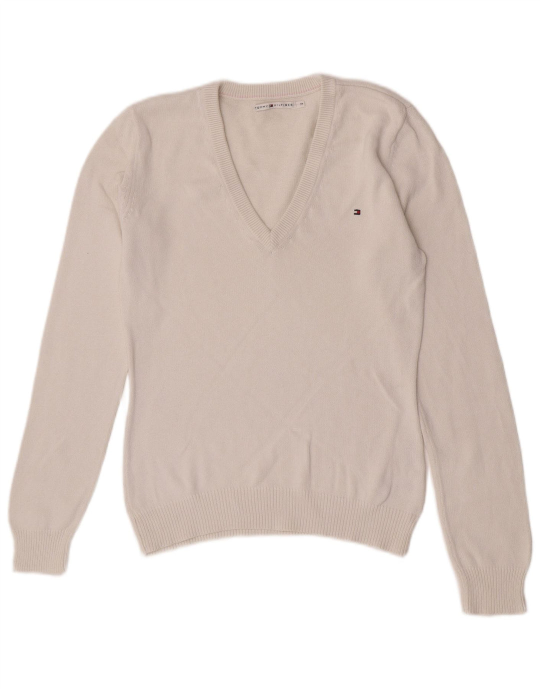 Tommy Hilfiger Pull col en V pour femme UK 14 Coton blanc moyen