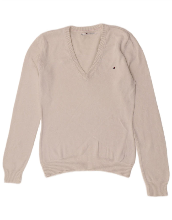Tommy Hilfiger Pull col en V pour femme UK 14 Coton blanc moyen
