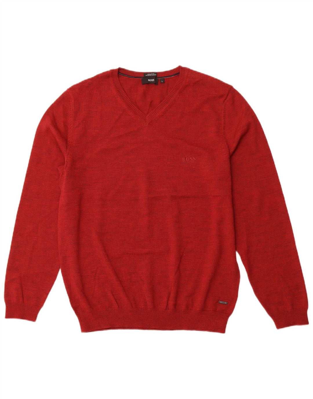 HUGO BOSS Homme Regular Fit V-neck Jumper Sweater Large Rouge Laine Vierge