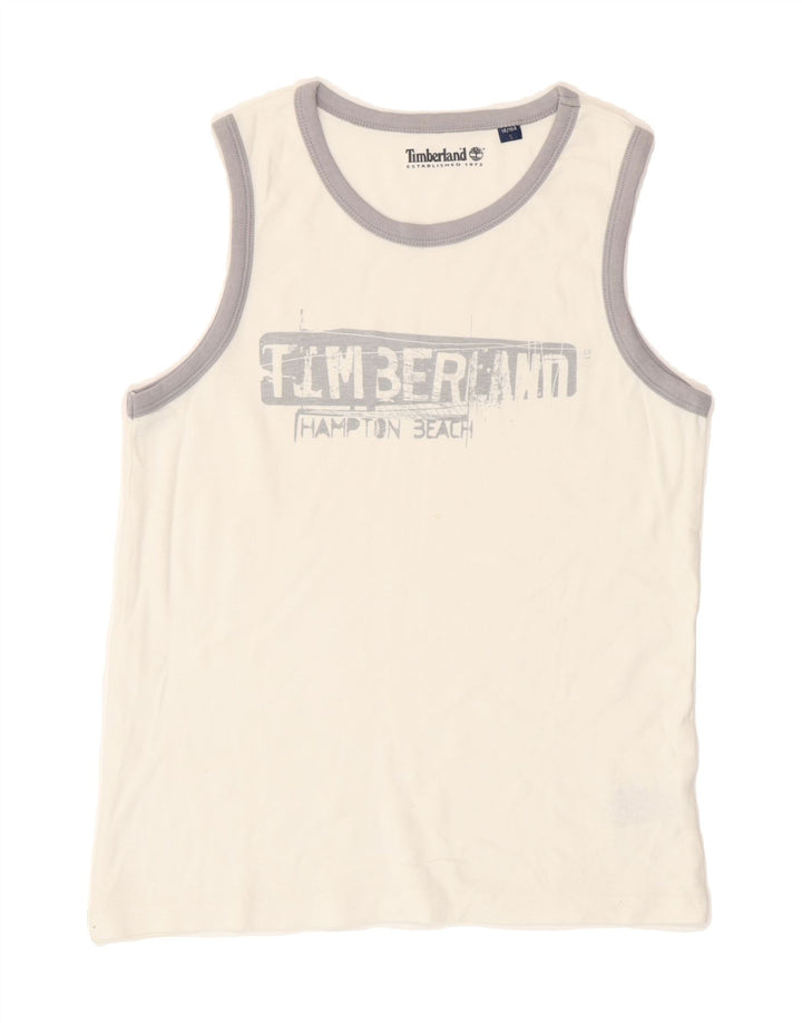 TIMBERLAND Boys Graphic Vest Top 13-14 Years Small White Cotton Vintage Timberland and Second-Hand Timberland from Messina Hembry 