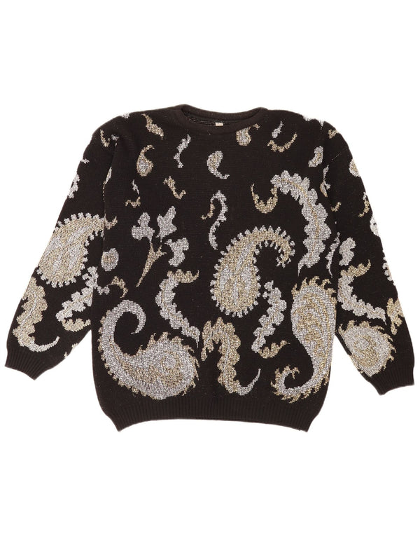 vintage Womens Boat Neck Jumper Sweater UK 14 Grand Noir Paisley Rétro