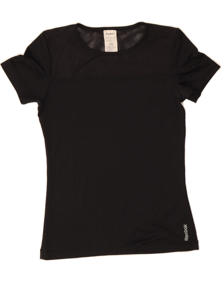 REEBOK Womens T-Shirt Top UK 8/10 Small Black Polyester Vintage Reebok and Second-Hand Reebok from Messina Hembry 