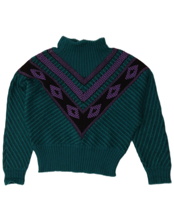 vintage Womens Turtle Neck Jumper Pull US 12 Grand Vert Géométrique