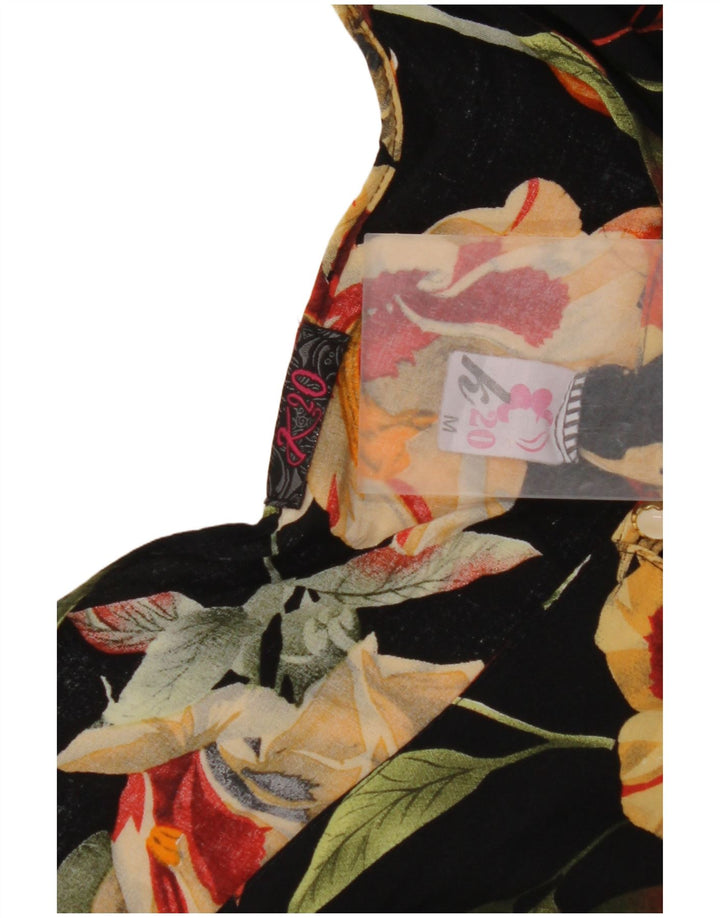 VINTAGE Femme Crop Shirt Blouse UK 12 Moyen Noir Floral Viscose
