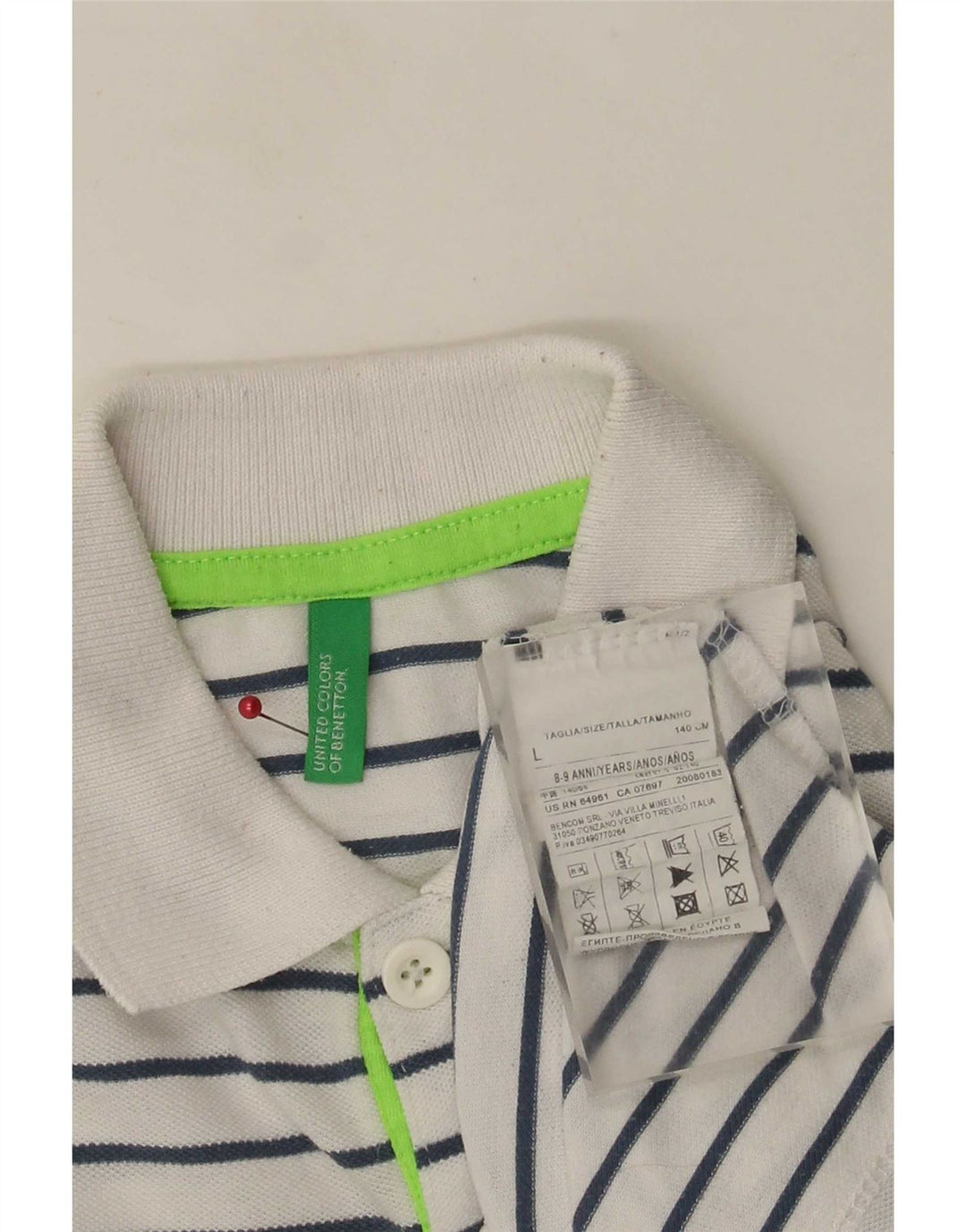Benetton Polo Garçon 8-9 ans Large Blanc Rayé Polyester