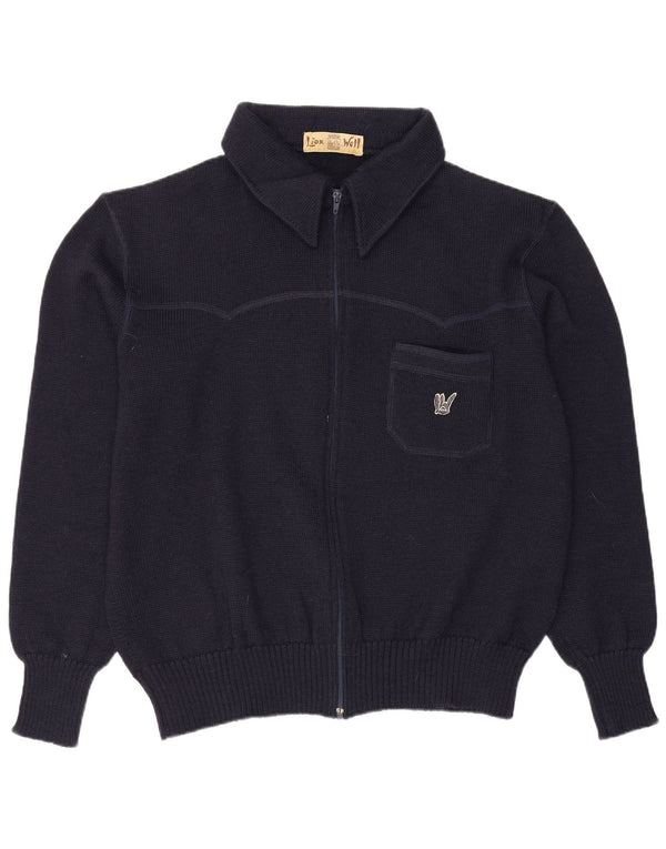 vintage Mens Full Zip Cardigan Pull Grande Laine Bleu Marine
