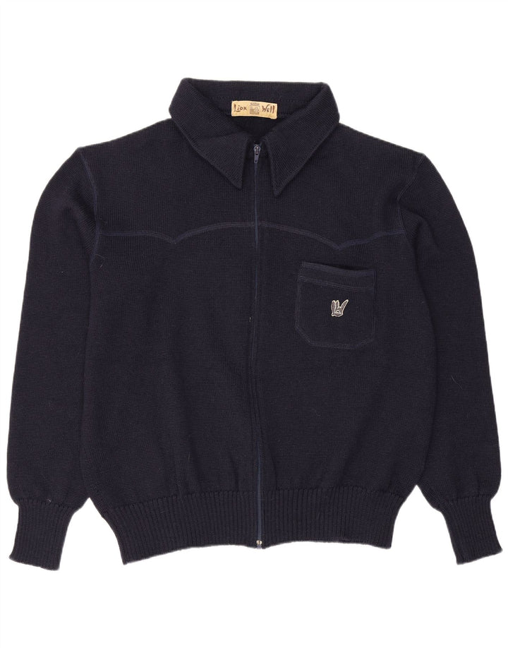 vintage Mens Full Zip Cardigan Pull Grande Laine Bleu Marine
