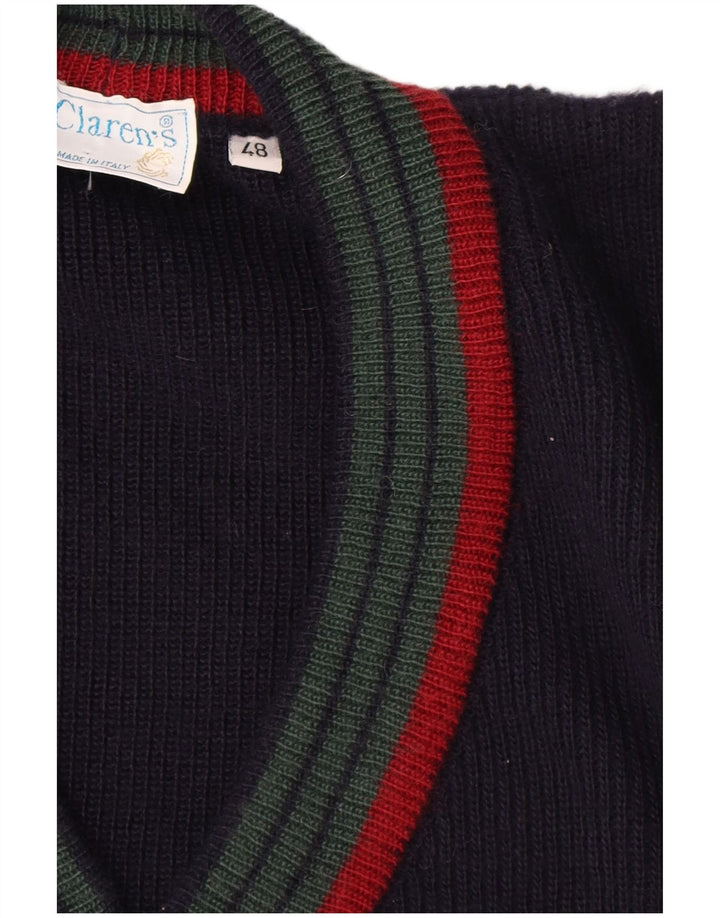 vintage Mens Cardigan Sweater IT 48 Laine rayée bleu marine moyen