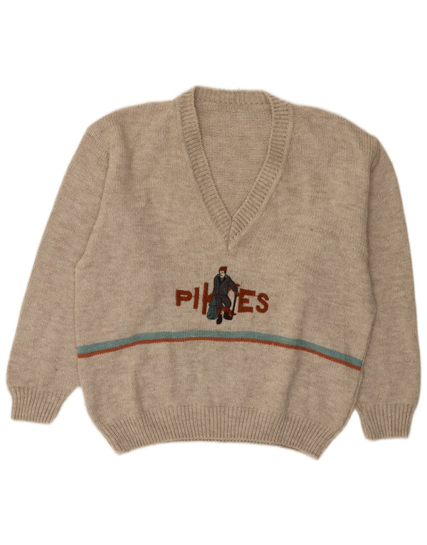 vintage Mens Graphic V-Neck Jumper Pull Grand Beige Moucheté Acrylique