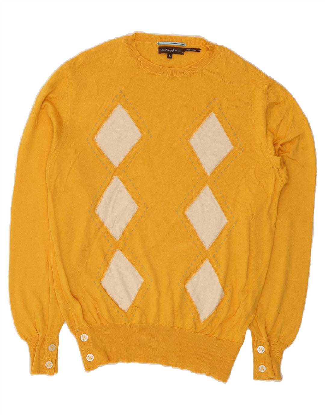 GUESS Mens Crew Neck Jumper Sweater Large Yellow Argyle/Diamond Cotton Vintage Guess and Second-Hand Guess from Messina Hembry 