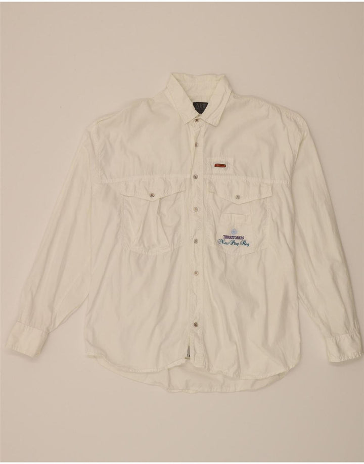 VINTAGE Mens Graphic Shirt Large White Cotton Vintage Vintage and Second-Hand Vintage from Messina Hembry 
