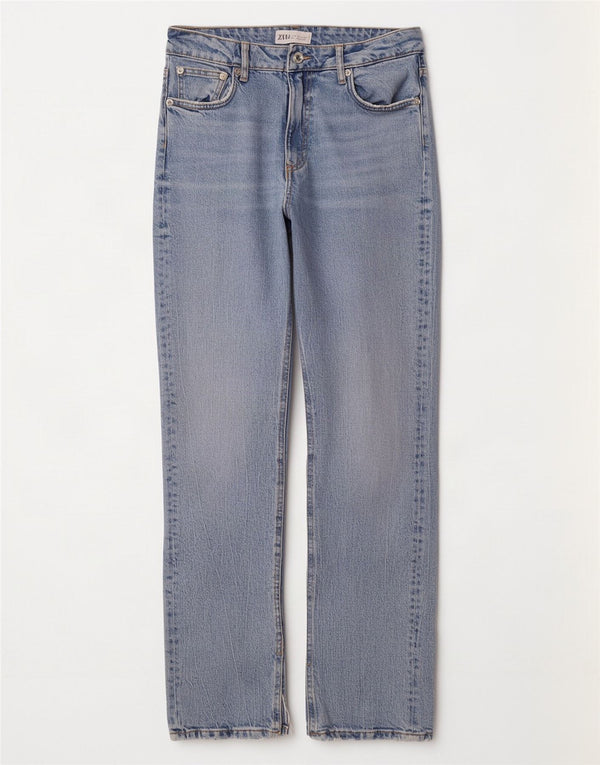 Zara Femme Jean Droit EU 38 Petit W28 L32 Bleu Coton