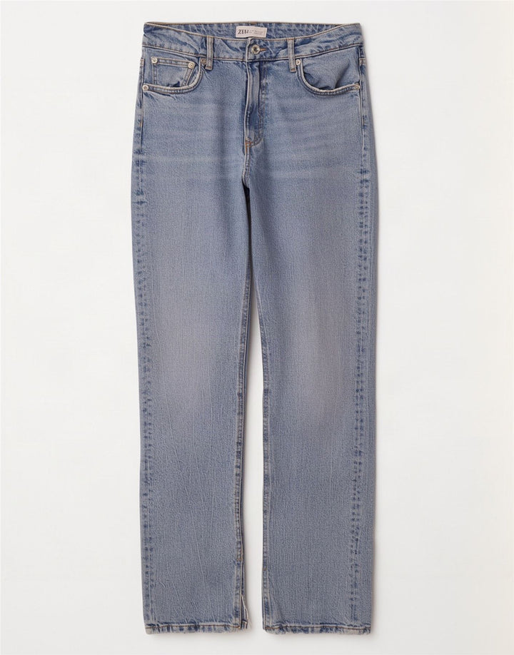 Zara Femme Jean Droit EU 38 Petit W28 L32 Bleu Coton
