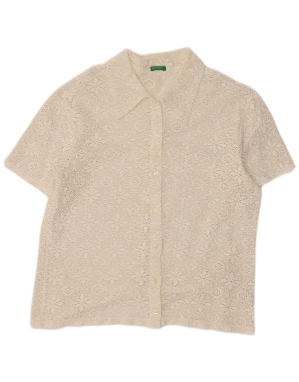 Benetton Chemisier en dentelle à manches courtes pour femme UK 46 Grand motif floral blanc