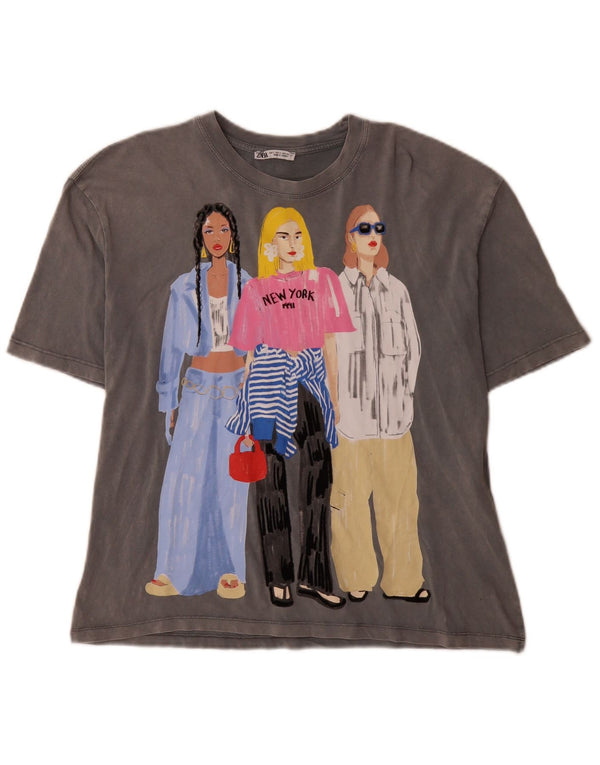 Zara Womens New York Graphic T-Shirt Top UK 10 Petit Gris Coton