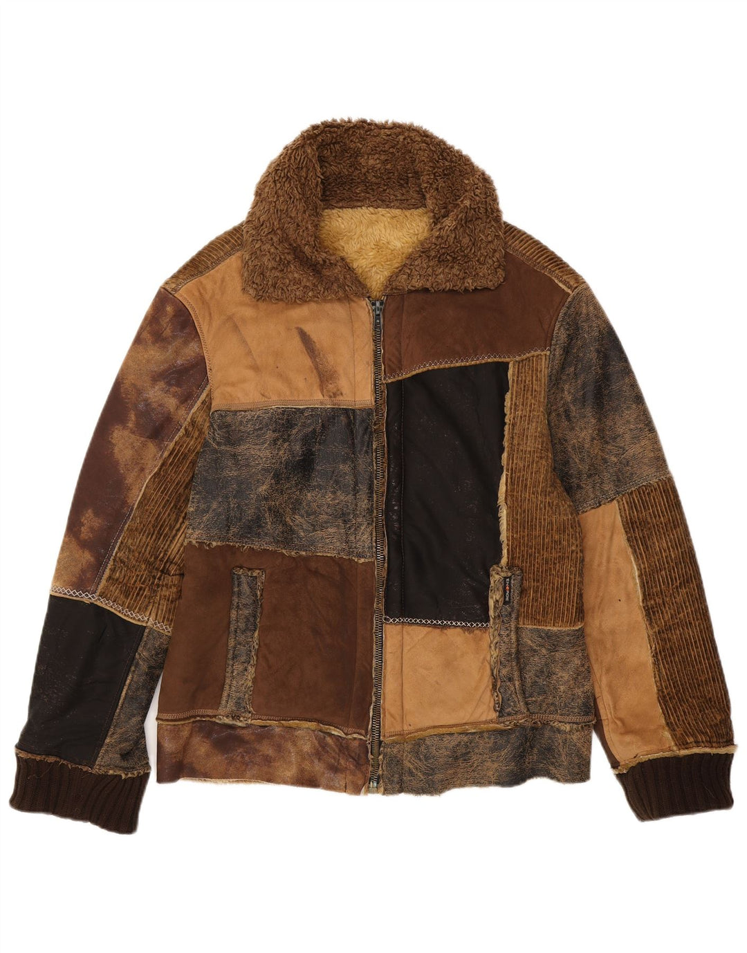 ENERGIE Veste Sherpa Homme UK 40 Large Marron Patchwork Coton