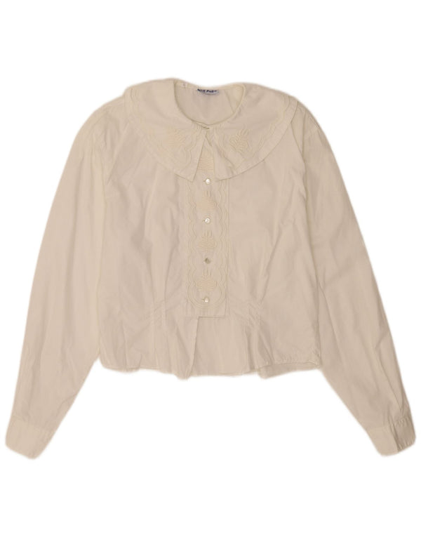vintage Femme Chemise à manches longues Blouse UK 12 Coton Blanc Moyen
