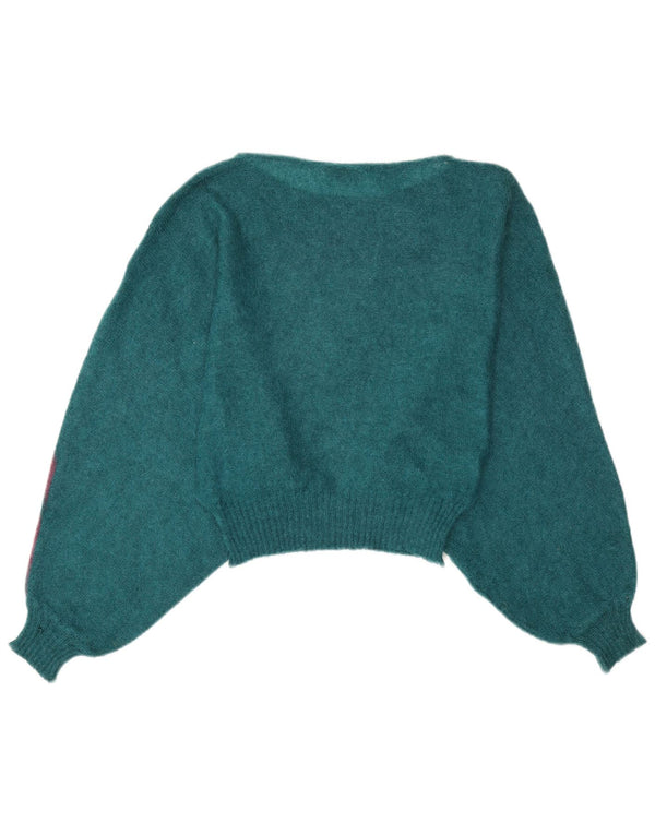 vintage Womens Crop Boat Neck Jumper Pull UK 14 Bleu Moyen Colorblock