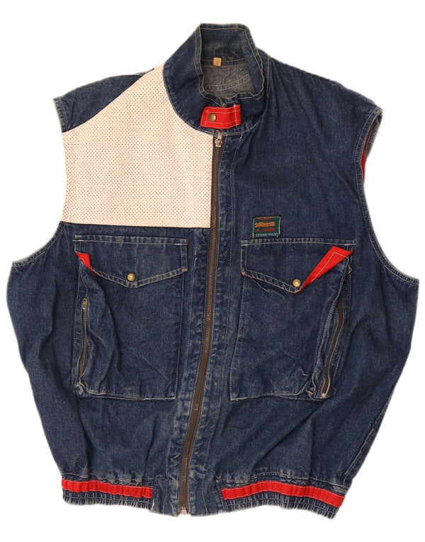 vintage Mens Denim Gilet UK 40 Grand Colorblock Bleu