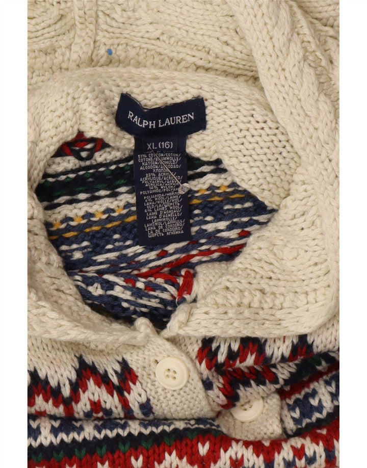 RALPH LAUREN Pull à capuche fille 15-16 ans XL Blanc Fair Isle Coton