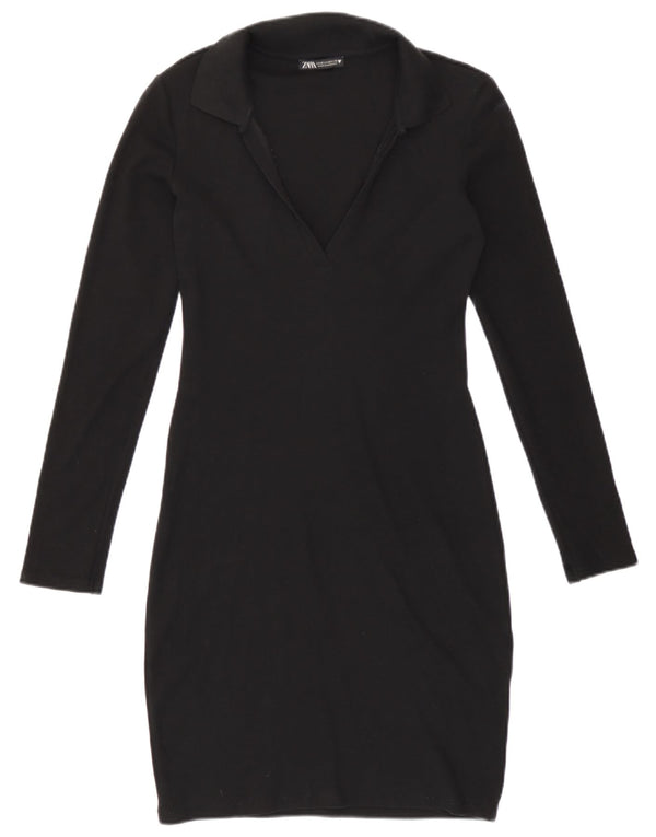 Zara Robe fourreau à manches longues pour femme UK 12 en coton noir moyen