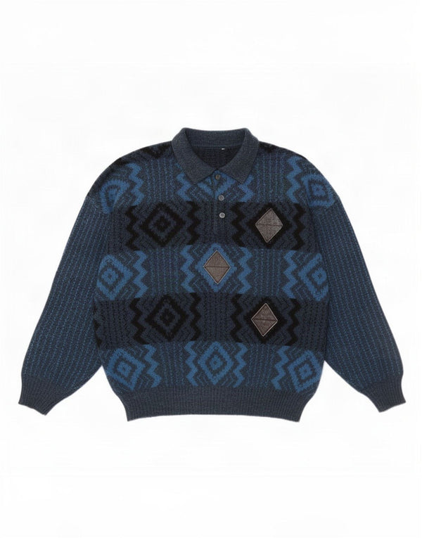 Vintage Mens Polo Neck Jumper Sweater Large Navy Blue Geometric Wool
