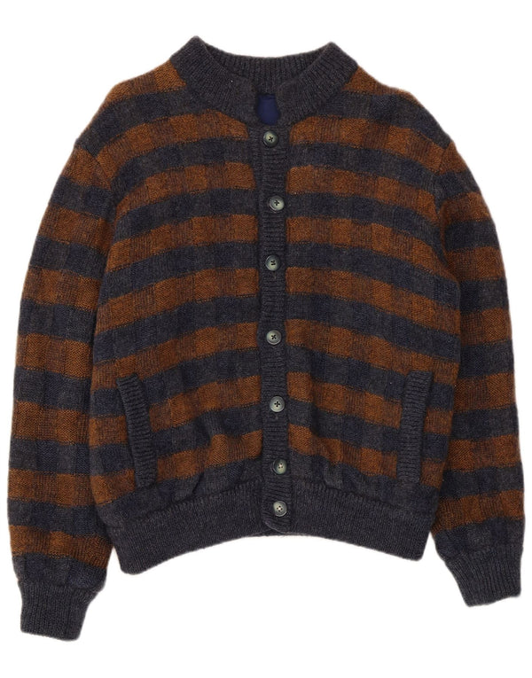 vintage Womens Cardigan Sweater UK 14 Laine rayée bleu marine moyen
